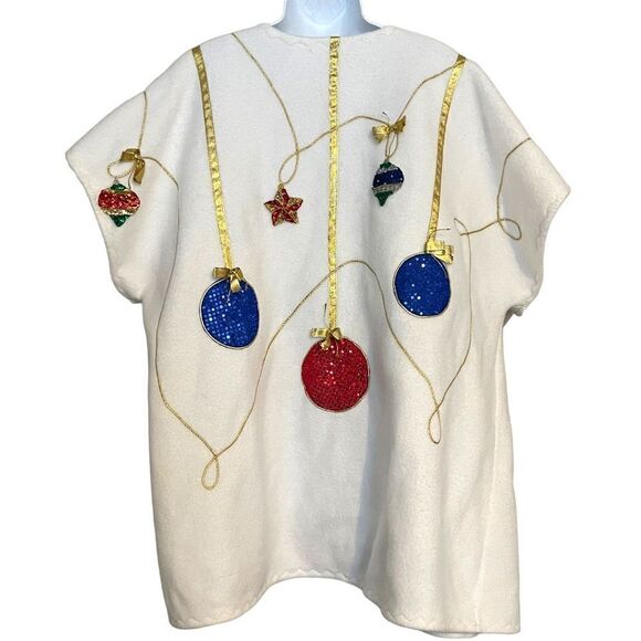 Hand Sewn Christmas Holiday Sequin Bead Ornament Gold Ribbon Fleece Jacket Top - Picture 2 of 16